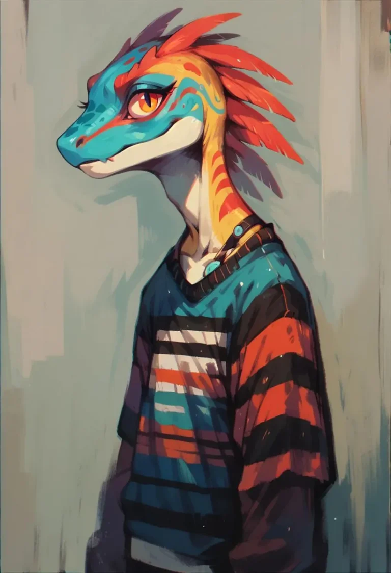An anthropomorphic lizard with vibrant colors wearing a striped sweater. AI-generated image using stable diffusion.
