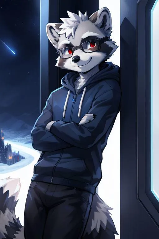 Anthropomorphic raccoon character in anime style wearing glasses and a hoodie, standing with arms crossed by a door at night, generated by AI using Stable Diffusion.