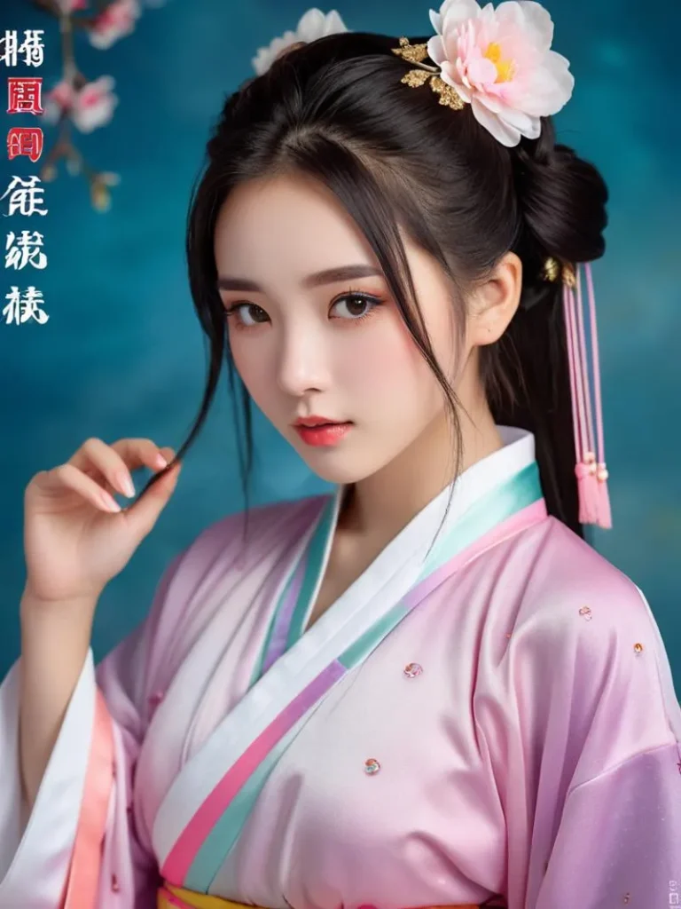 AI generated image using stable diffusion of a young Asian woman in traditional hanfu with floral hair accessories.