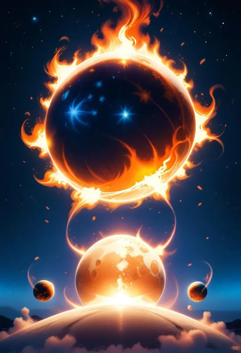 A serene cosmic scene featuring large fiery celestial bodies surrounded by orange flames and blue stars, created with Stable Diffusion.