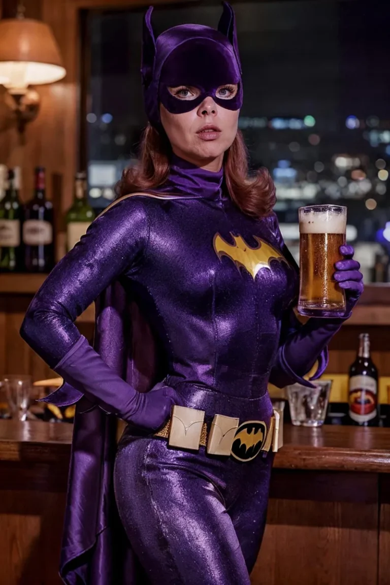 A person dressed in a shiny purple Batgirl costume, holding a pint of beer at a bar counter. The image was generated using Stable Diffusion AI.