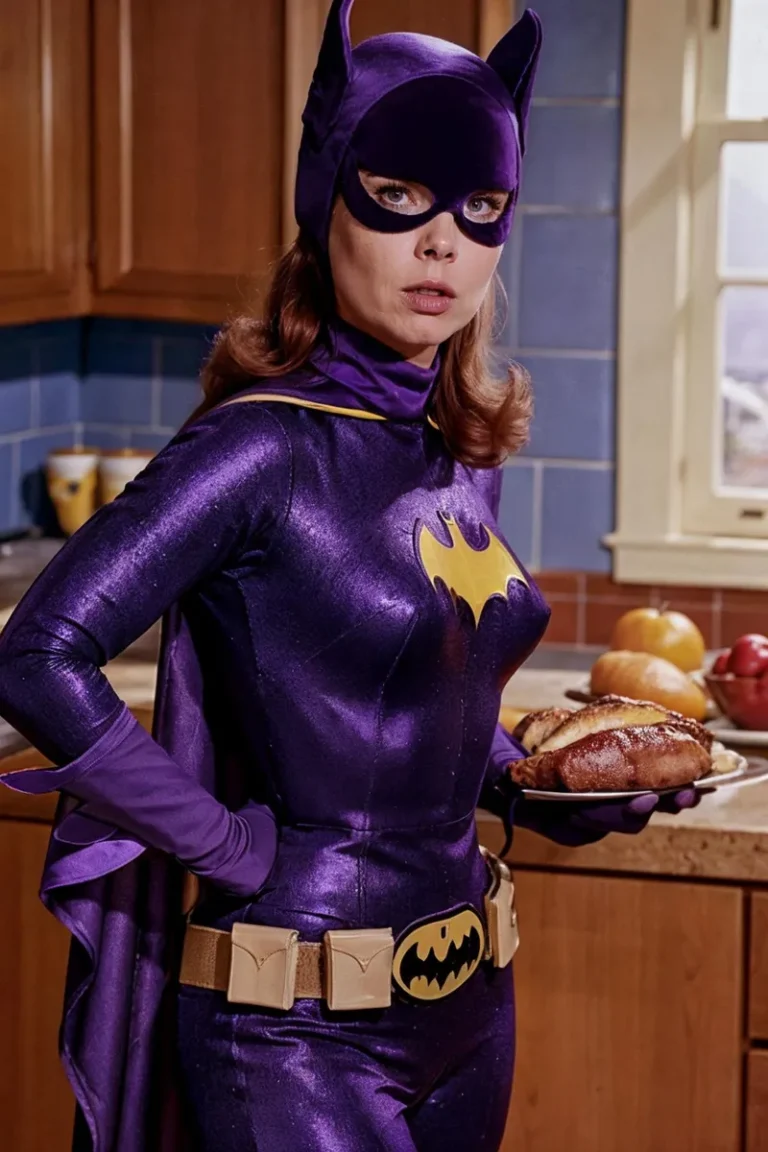 Batgirl in a shiny purple superhero costume with bat emblem, standing in a kitchen holding a plate of pastry. AI generated image using Stable Diffusion.