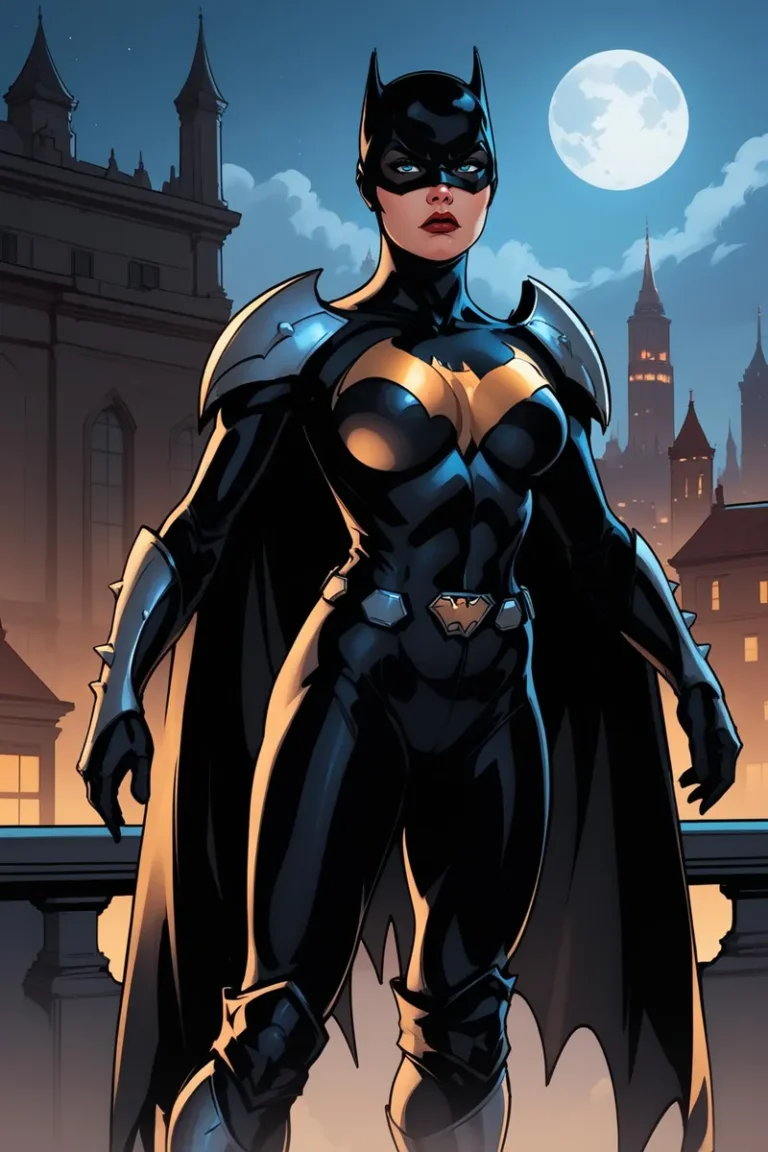 A detailed illustration of Batgirl wearing her iconic black and yellow suit with a cape, standing on a rooftop against a moonlit cityscape background. This is an AI generated image using Stable Diffusion.