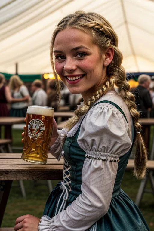 Young woman dressed in traditional Bavarian attire holding a large mug of beer, smiling at a beer festival event. Emphasize that this is an AI generated image using stable diffusion.