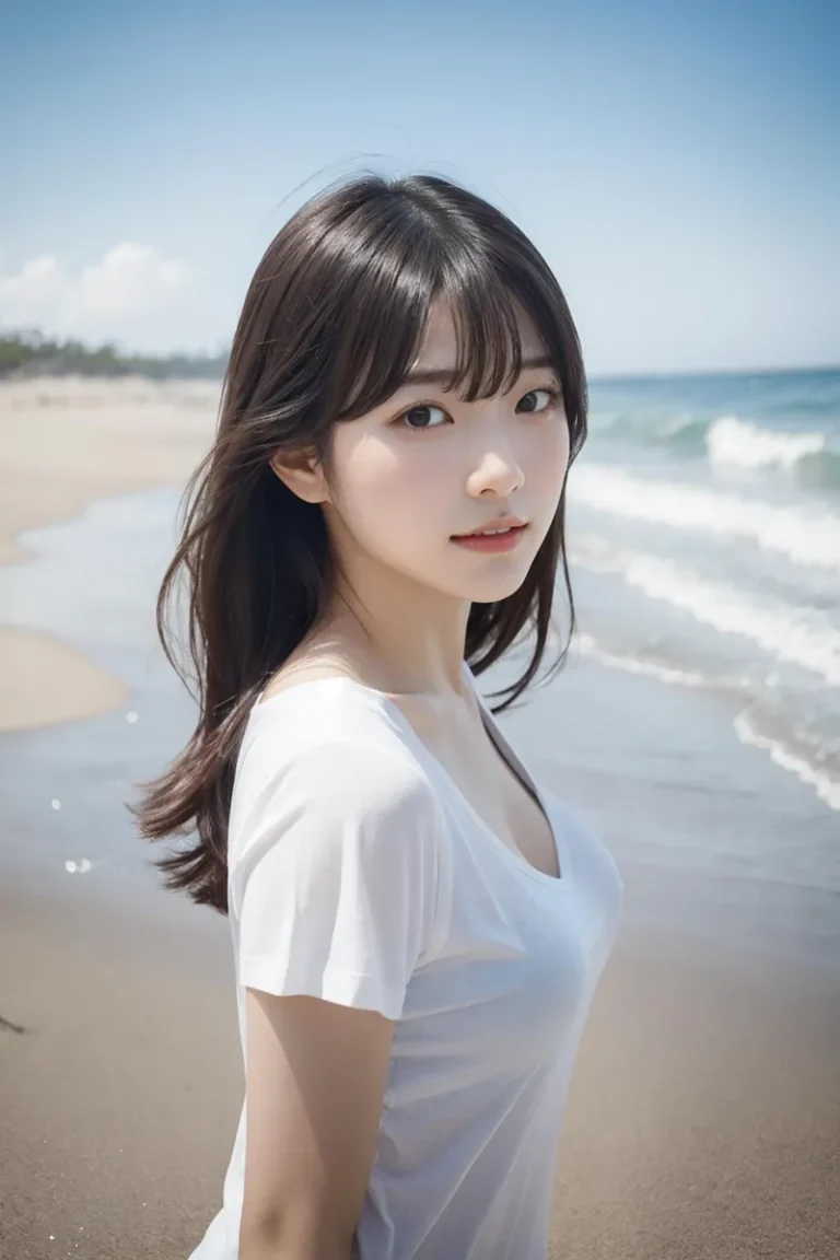 A serene beach portrait of a young woman with long dark hair and a white shirt, standing by the shore. AI generated image using Stable Diffusion.
