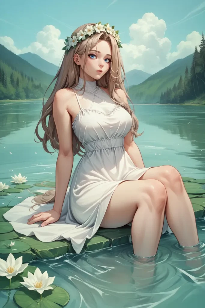 Beautiful woman with long hair in a white dress, seated on a lily pad in a peaceful lake, AI generated image using Stable Diffusion.