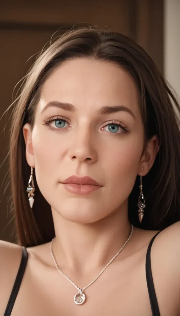 Portrait of a beautiful woman with blue eyes, wearing elegant earrings and necklace, AI generated image using Stable Diffusion.