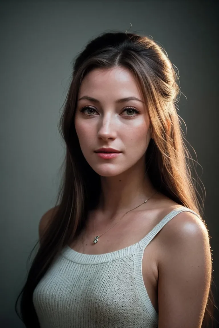 A realistic portrait of a beautiful young woman generated by AI using stable diffusion. She has long brown hair, light skin, and is wearing a light gray knit tank top.