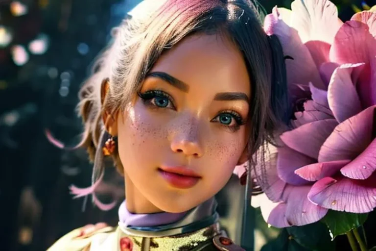 A beautiful woman with blue eyes and light freckles stands beside a large pink flower, created using AI and Stable Diffusion.