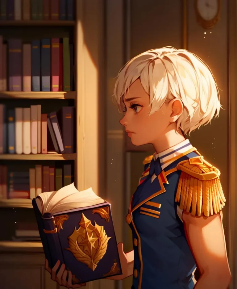 A blonde anime character in a blue and gold uniform holding a ornate fantasy book in a library, AI generated using stable diffusion.