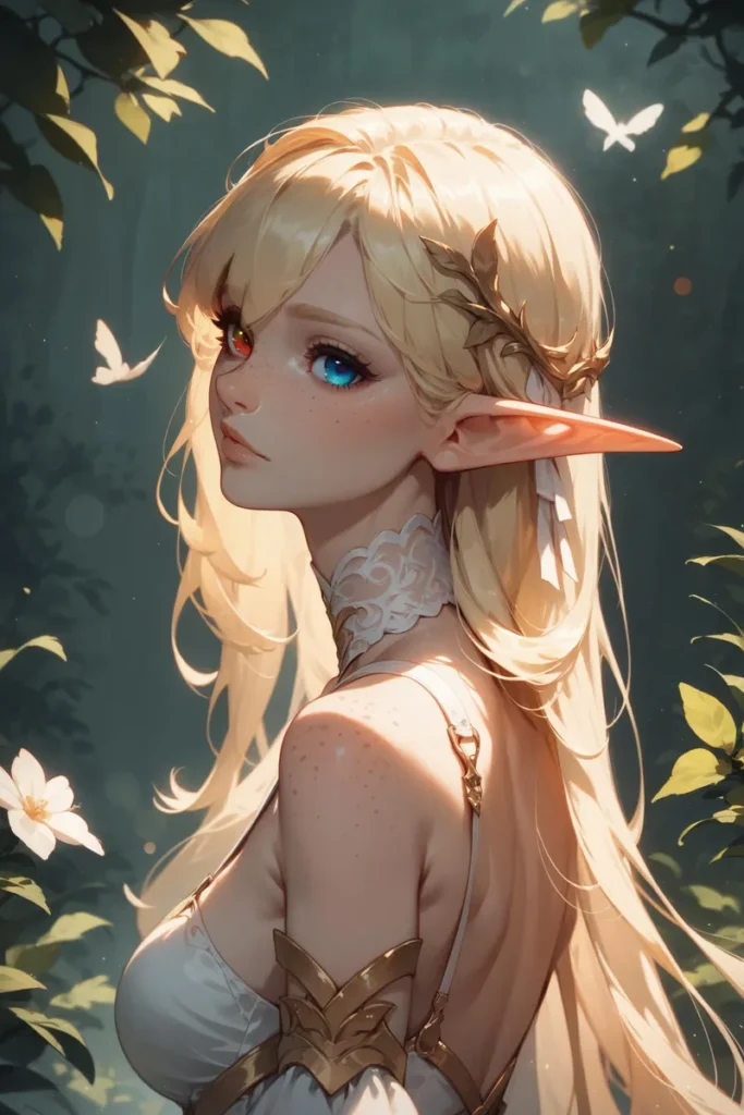 A fantasy portrait of a blonde elf with long hair and different colored eyes in a forest setting, emphasizing that this is an AI generated image using Stable Diffusion.