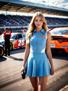A blonde model in a blue dress standing on a race car track with race cars in the background. AI generated image using Stable Diffusion.