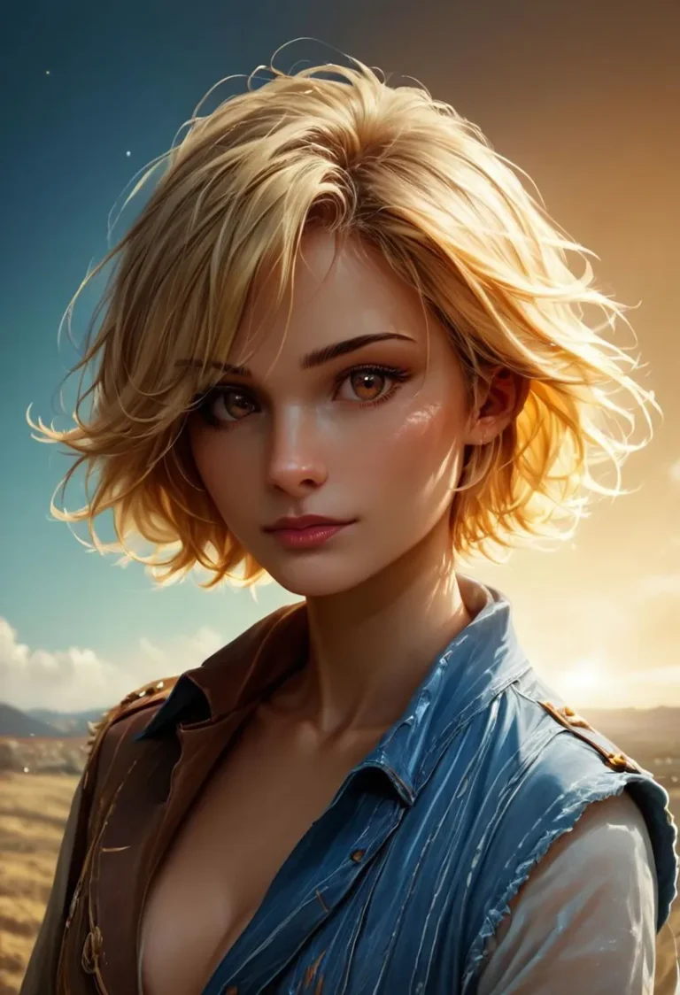 A realistic AI generated image of a blonde woman with short hair in front of a sunset, created using stable diffusion.