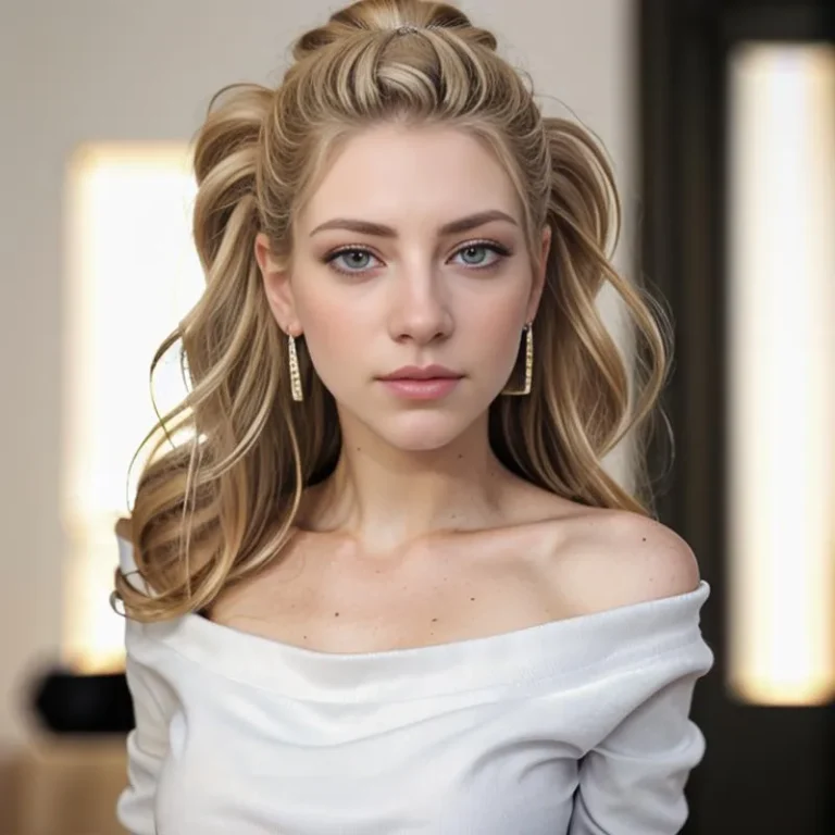 Portrait of a blonde woman with wavy hair, wearing stylish earrings and an off-the-shoulder top. This is an AI generated image using Stable Diffusion.