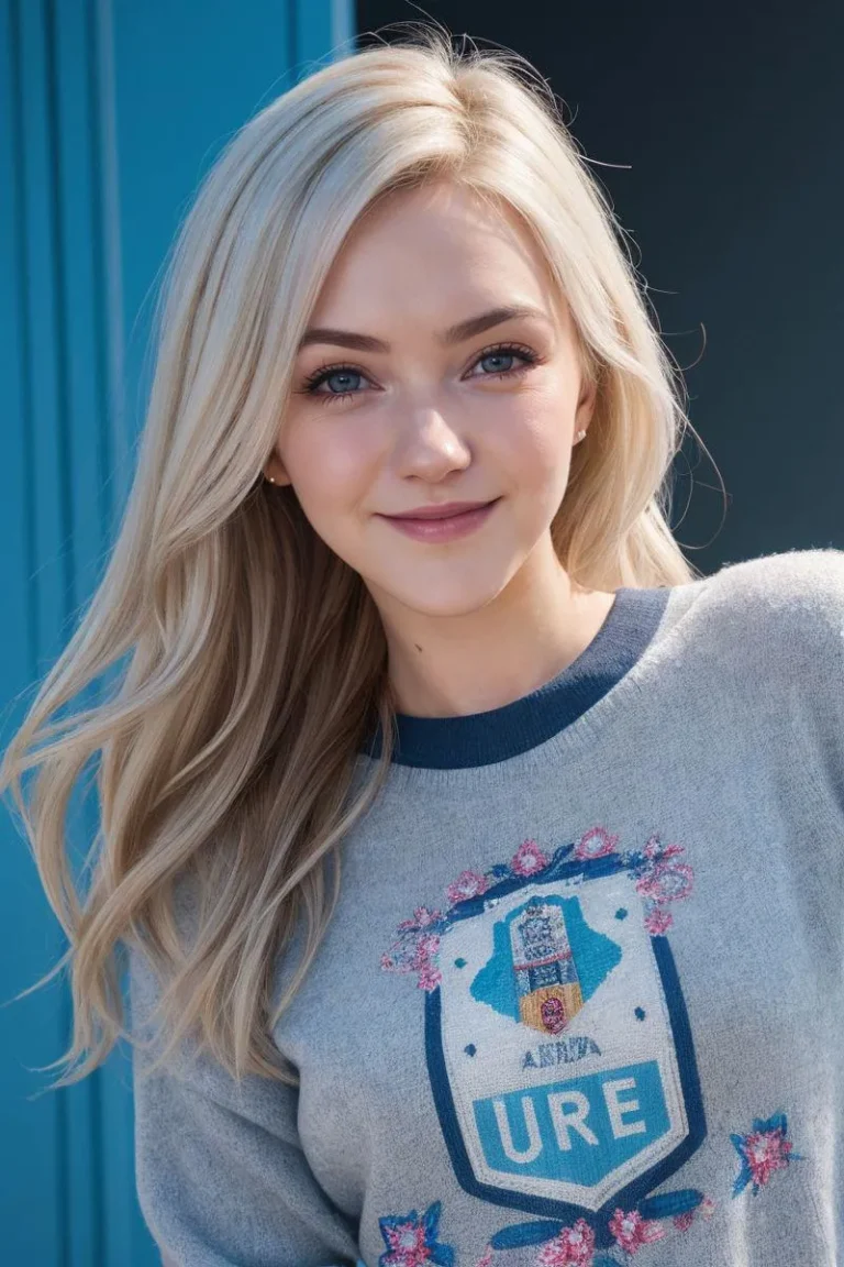 AI generated image of a blonde woman smiling and wearing a grey sweater with a colorful emblem.