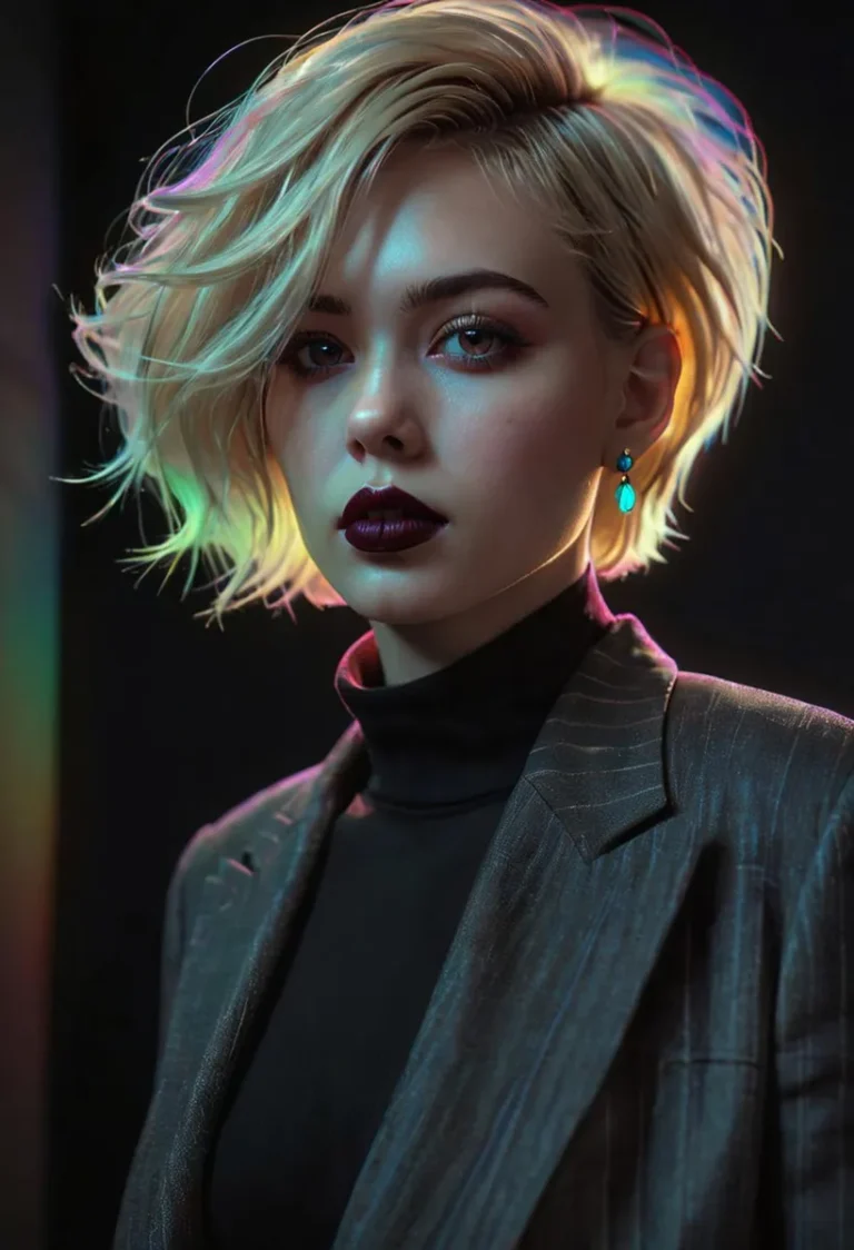A blonde woman with short, wavy hair and vibrant makeup in a modern fashion outfit. AI generated using stable diffusion.