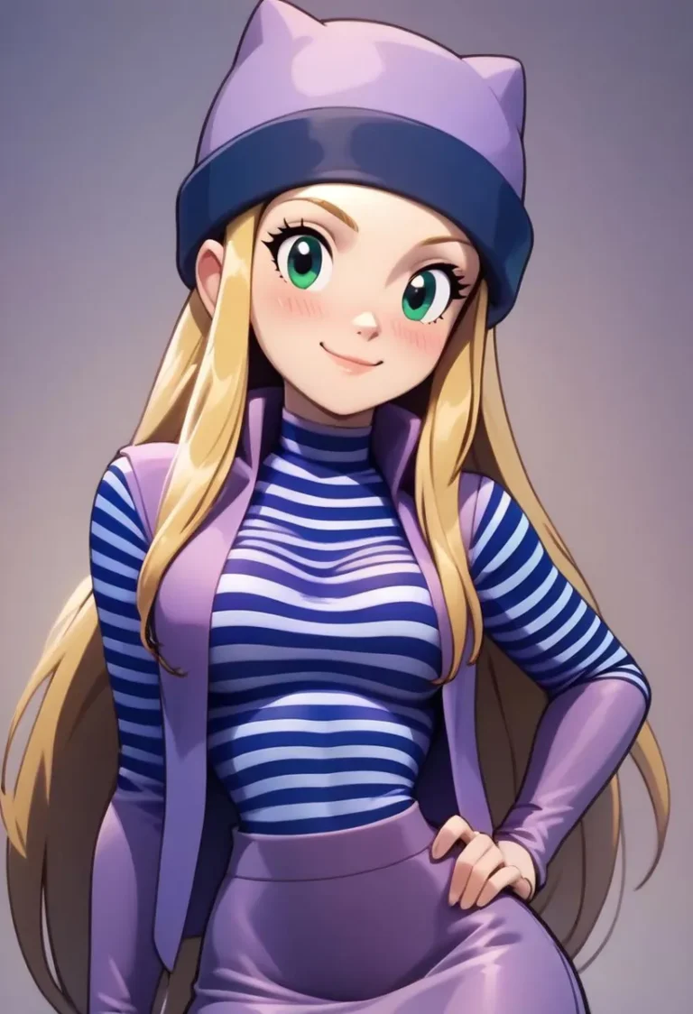 Anime girl with blonde hair, wearing a striped blue and purple outfit and a purple beanie. This is an AI generated image using Stable Diffusion.