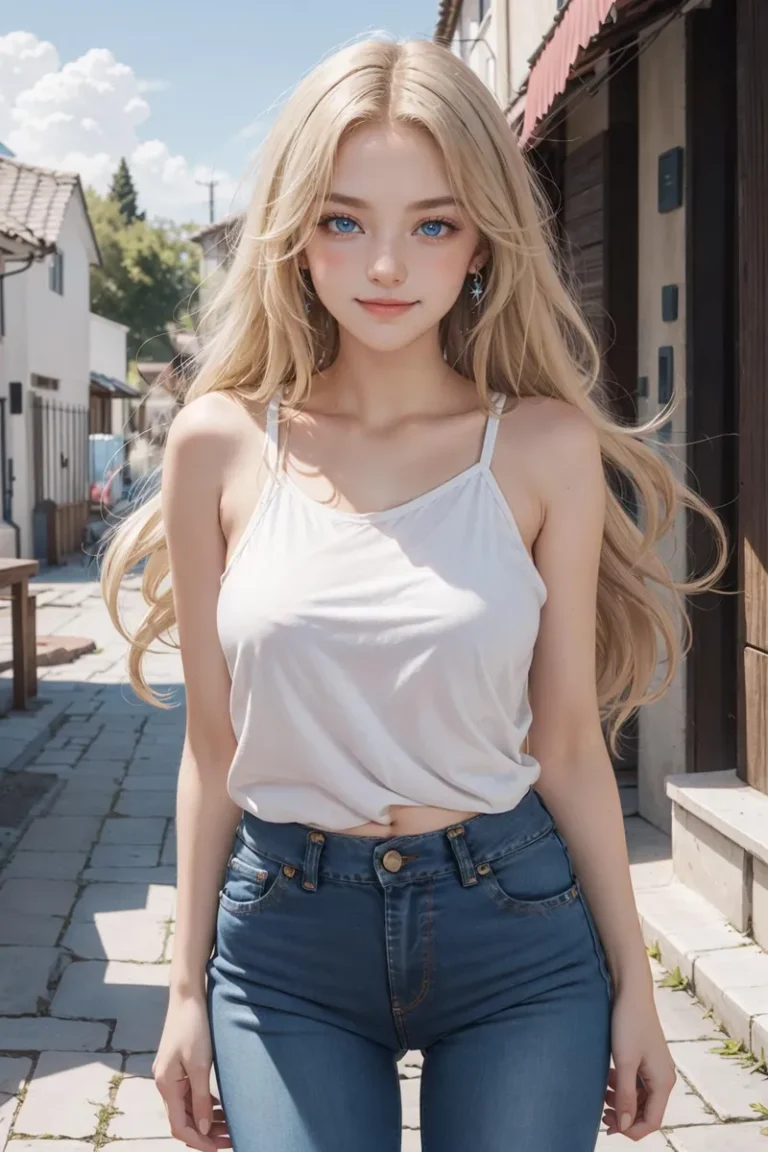 An AI generated image using Stable Diffusion of a blonde girl with blue eyes, wearing a white top and jeans, standing on a cobblestone street.