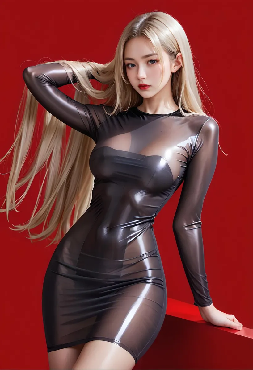 A glamorous AI generated image using Stable Diffusion, showcasing a blonde woman wearing a tight-fitting, sheer black latex dress against a red background.