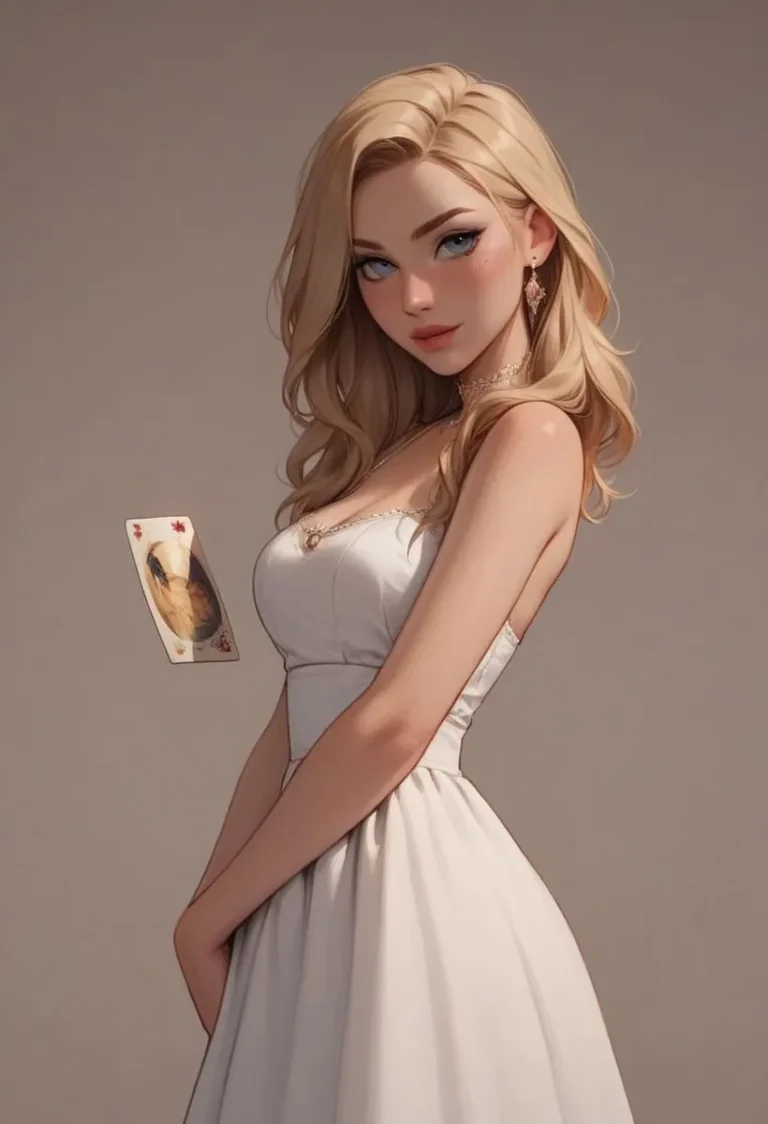 AI-generated image of a blonde woman in a white dress with a playing card created using Stable Diffusion