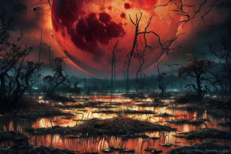Eerie marsh landscape with a giant blood moon in the sky, generated by AI using Stable Diffusion.