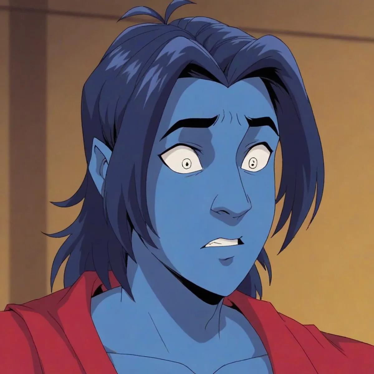 Anime-style artwork of a blue-skinned character with long, dark blue hair and a surprised expression. AI generated using Stable Diffusion.