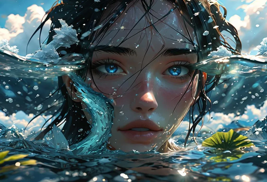 A digital art piece featuring a blue-eyed woman with wet hair and water reflections, created using Stable Diffusion.