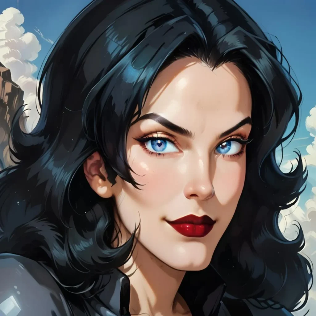 A highly detailed and realistic digital painting featuring a blue-eyed woman with dark hair and red lipstick, set against a clear sky backdrop. This is an AI generated image using stable diffusion.