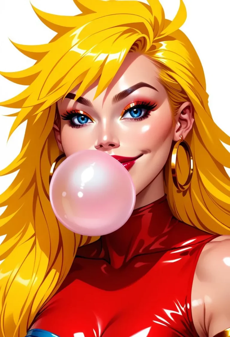 An AI-generated image of a blonde woman with bright blue eyes, wearing a red outfit and large hoop earrings, blowing a pink bubblegum bubble. This image is created using Stable Diffusion.