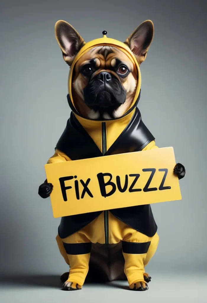 A french bulldog dressed in a yellow and black bee costume holds a yellow sign with 'fix buzzz' written on it. This is an ai-generated image created using stable diffusion.