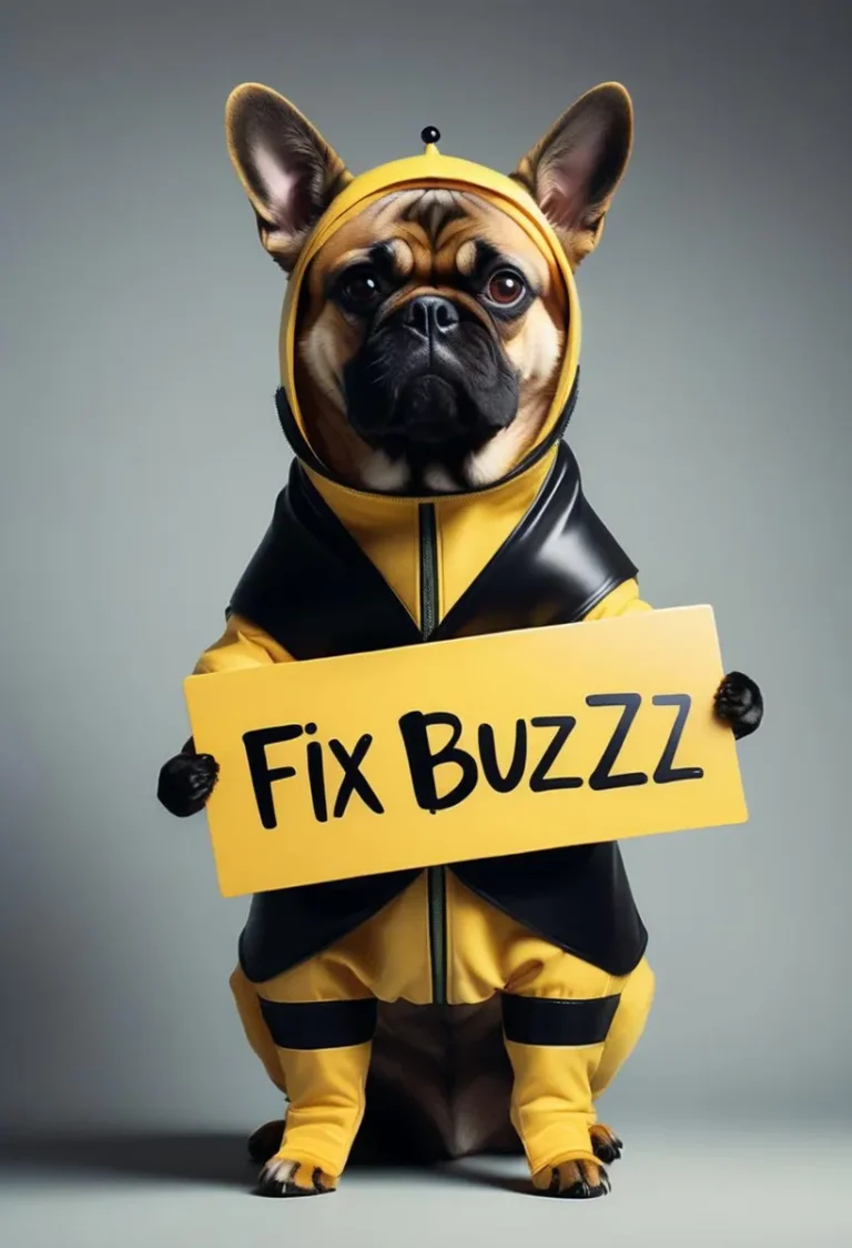 A French Bulldog dressed in a yellow and black bee costume holds a yellow sign with 'Fix Buzzz' written on it. This is an AI-generated image created using Stable Diffusion.