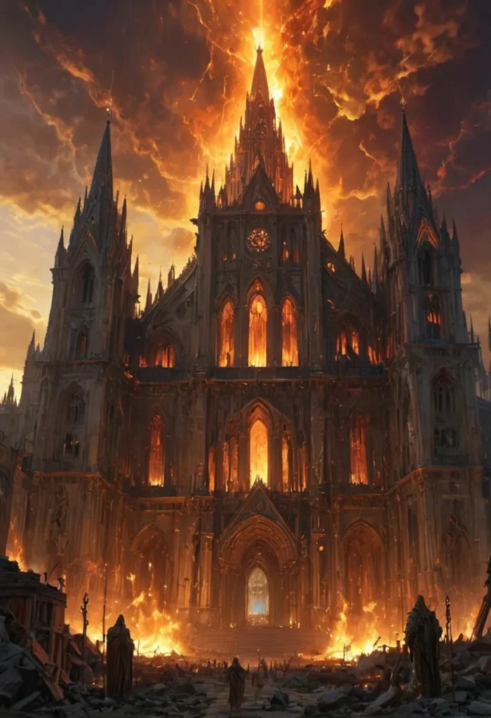 A stunning AI-generated image using Stable Diffusion featuring a colossal Gothic cathedral engulfed in flames, with an apocalyptic sky above.