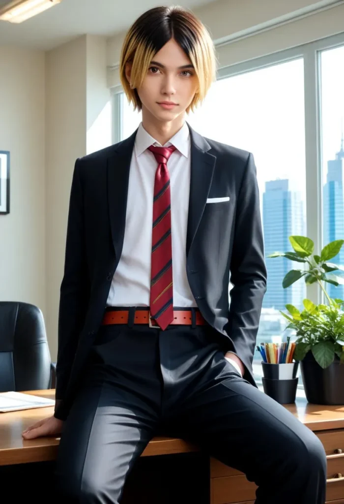 A stylish young professional in a business suit with a striking red tie, created using Stable Diffusion.