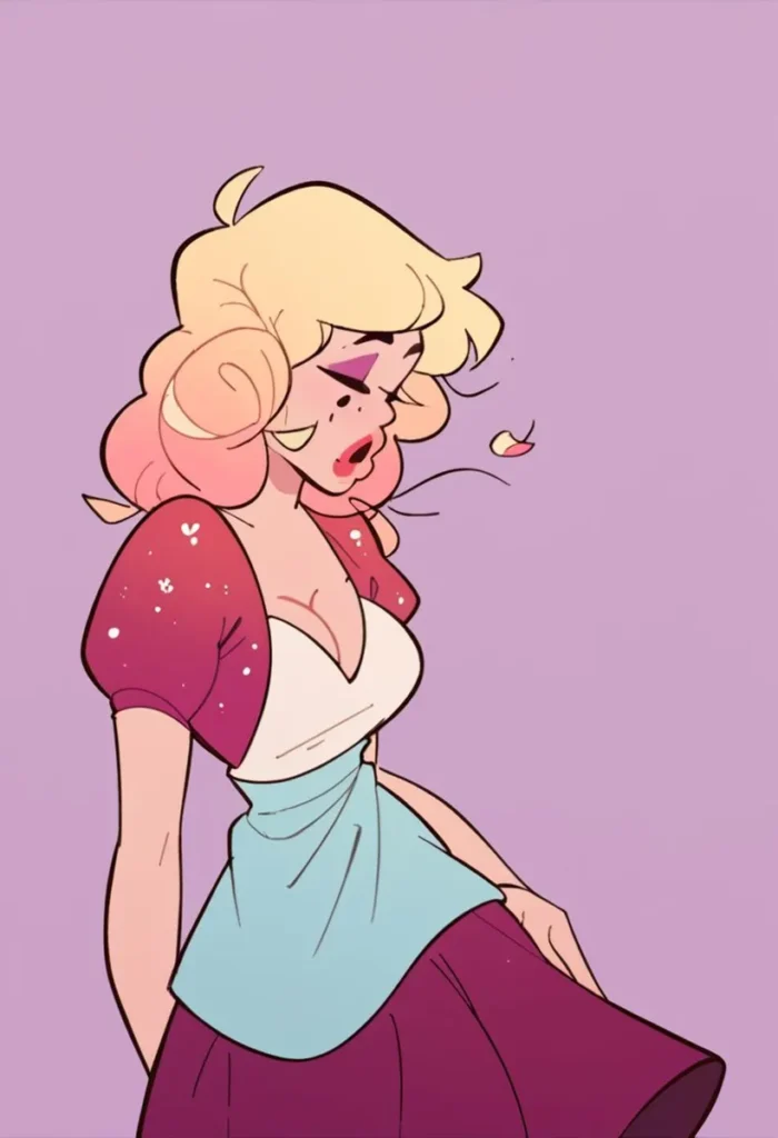 Cartoon image of a blonde woman with voluminous hair, dressed in a retro style with a deep pink bolero, a white top, and a blue apron against a pastel purple background, generated using Stable Diffusion.