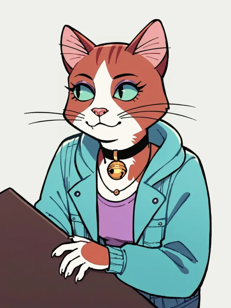 AI generated cartoon-style image of an anthropomorphic cat with green eyes wearing a teal jacket and a purple shirt created using stable diffusion.