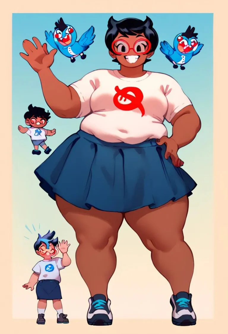 A colorful AI generated image using stable diffusion showcasing a plus-size woman in a T-shirt and skirt, accompanied by small cartoon characters and birds.