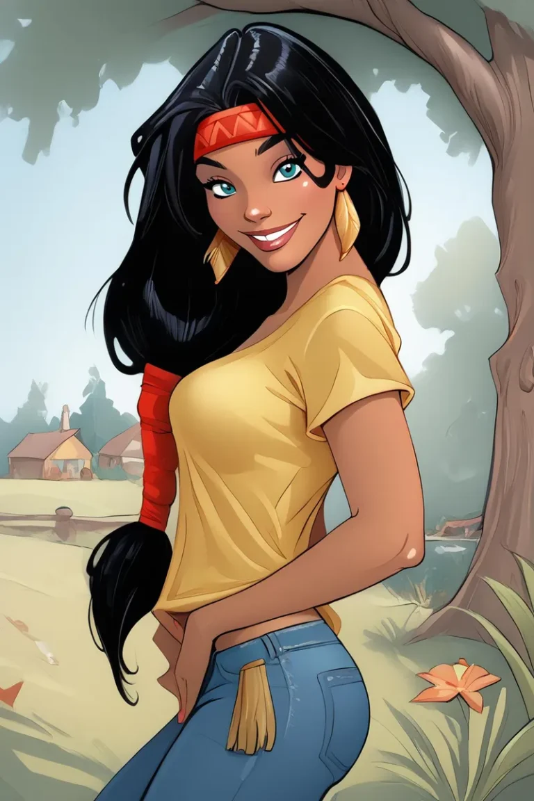Cartoon of a woman with black hair and a red headband, smiling against a scenic background, generated using Stable Diffusion.