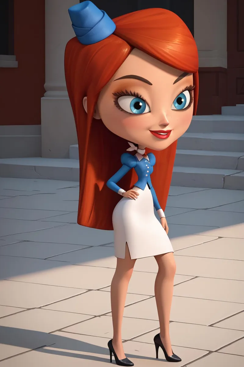 A 3D rendered cartoon character of an air hostess with striking red hair, dressed in a blue blouse, white skirt, and blue hat. AI generated image using Stable Diffusion.