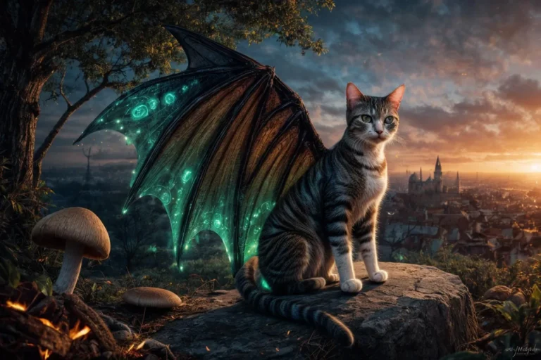 AI generated image of a cat with dragon wings sitting on a rock in a fantasy landscape at sunset using stable diffusion.