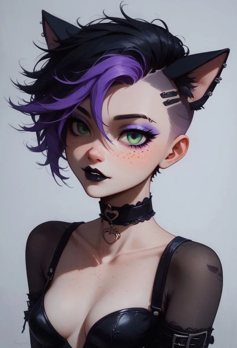 AI generated image using stable diffusion. A cat girl with short purple and black hair, green eyes, cat ears, and gothic fashion.