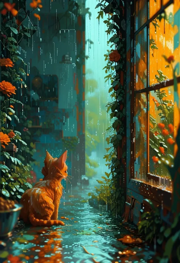 A cat sits in a rainy alleyway near a window. AI generated using Stable Diffusion.