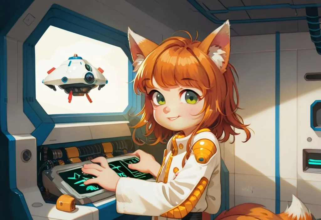 A cartoon catgirl with orange hair and green eyes, wearing a white and orange spacesuit in a spaceship, operating a control panel, with a UFO visible through a window. AI generated image using Stable Diffusion.