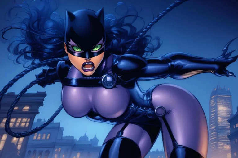 Dynamic artwork of Catwoman in a tense action pose with a whip in hand, AI generated image using stable diffusion.