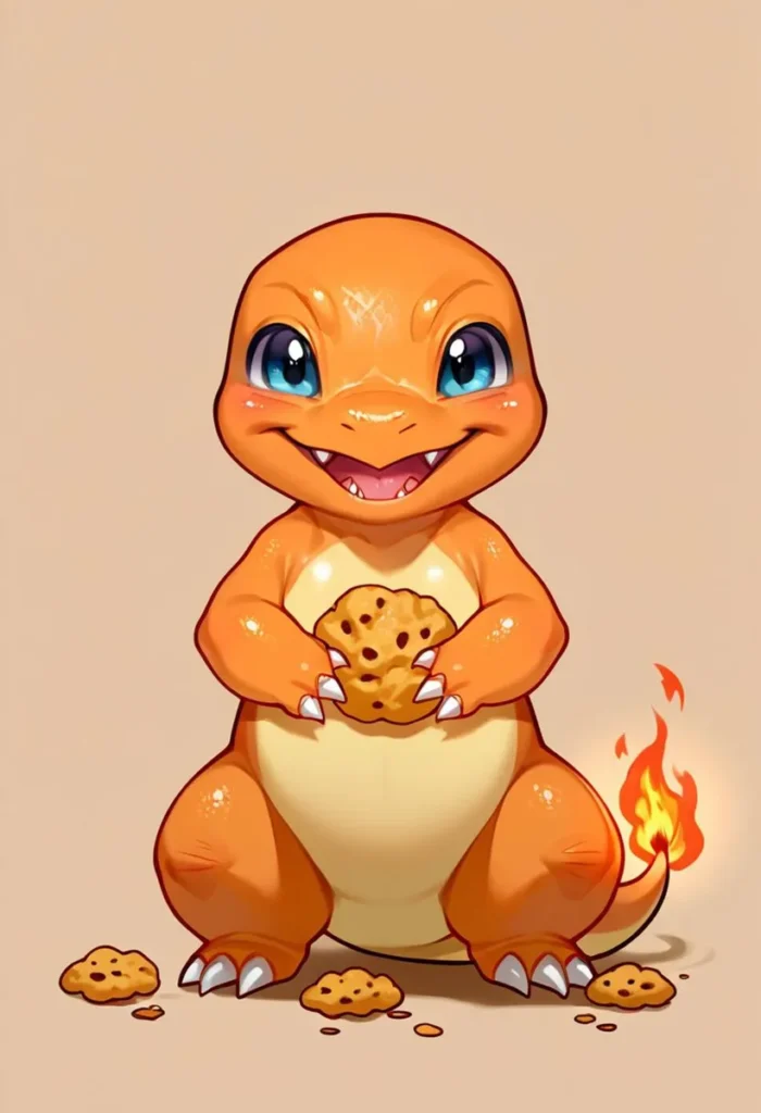 A cute, AI generated Charmander holding and eating a cookie using Stable Diffusion.