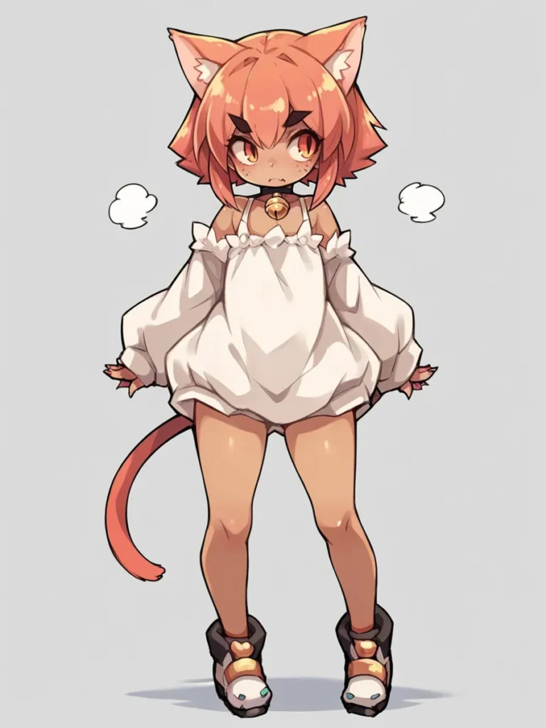 A chibi catgirl character with orange hair, cat ears, a white frilled dress, and a bell collar, created using Stable Diffusion AI.