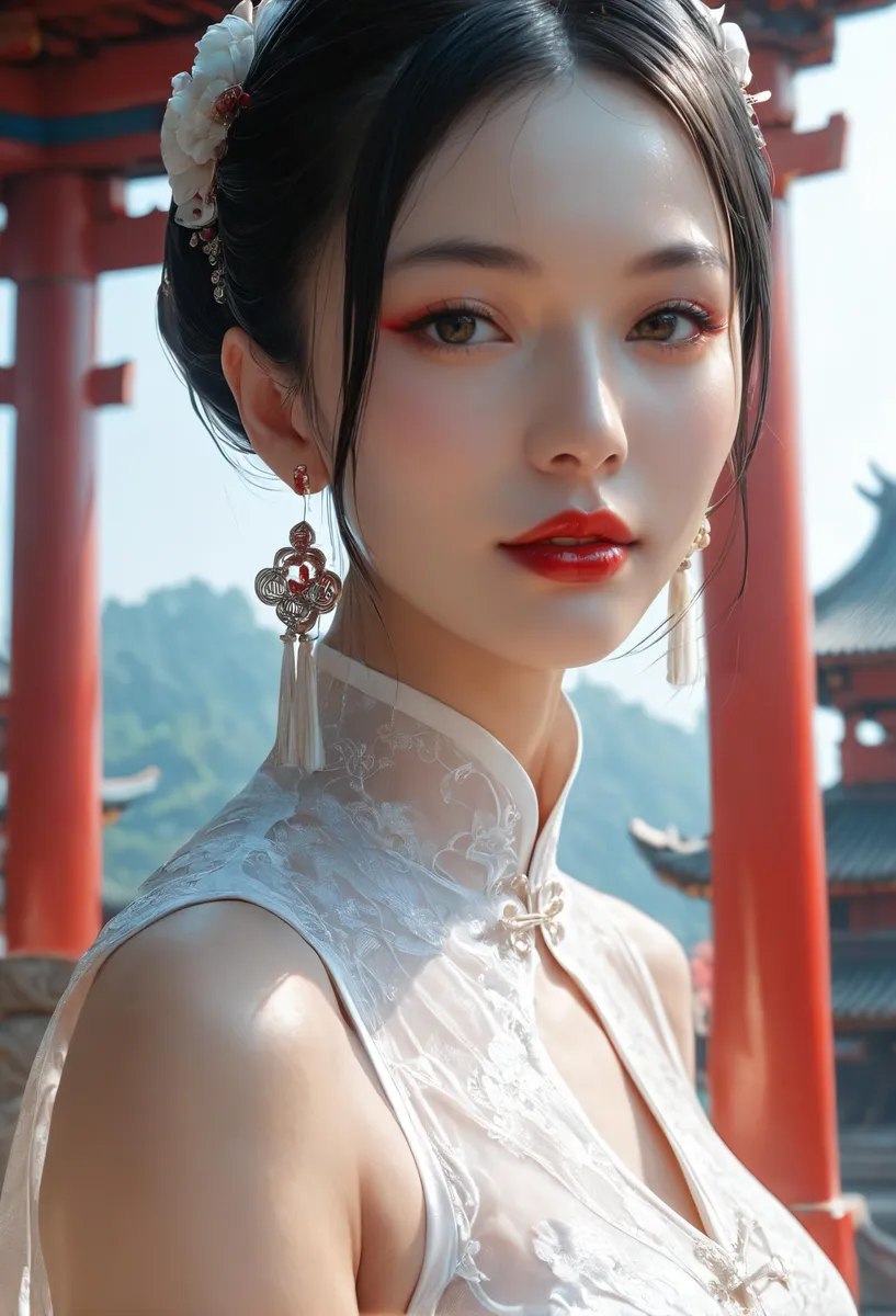 A beautiful AI generated image using stable diffusion showing a Chinese woman in traditional dress with intricate floral patterns and ornate earrings, standing in front of an ancient architectural background.