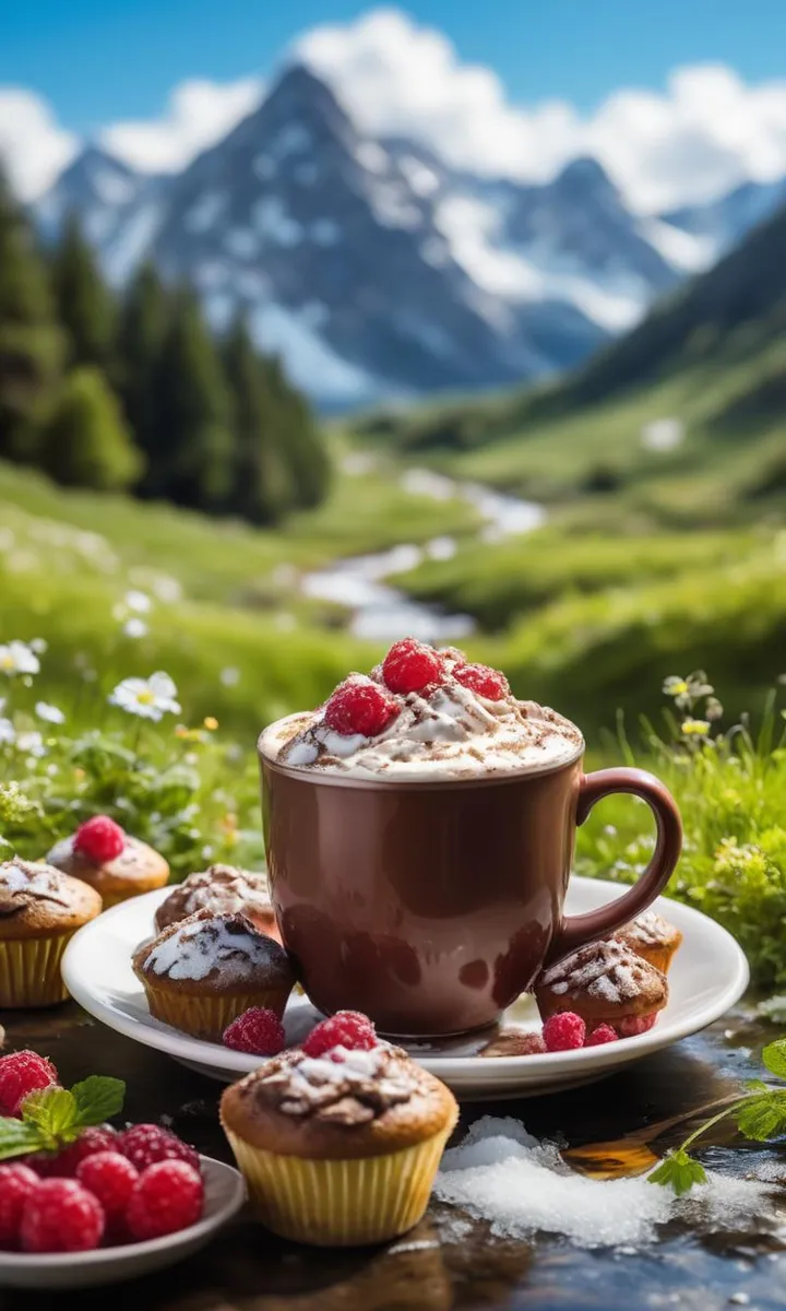 AI-generated image of a chocolate mug topped with whipped cream and raspberries, surrounded by muffins, in a lush mountain valley, created using Stable Diffusion.