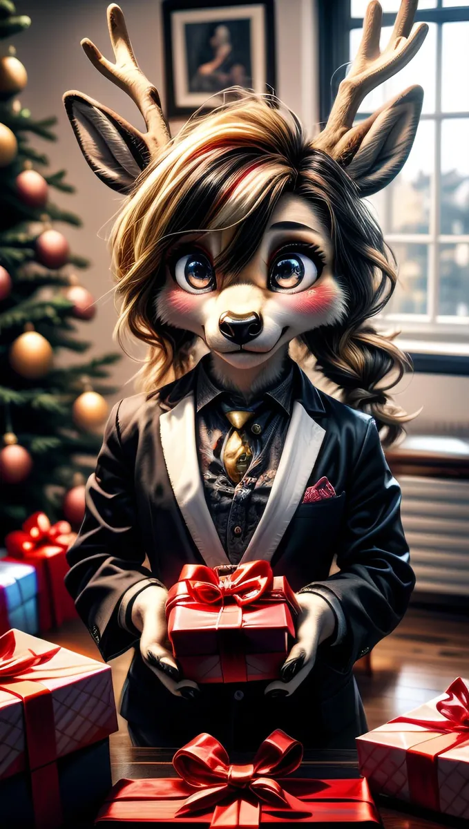 Anthropomorphic reindeer with antlers in formal attire holding a red Christmas gift, created using Stable Diffusion AI.