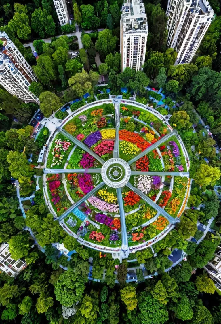 Aerial view of a circular flower garden with vibrant colors surrounded by skyscrapers created by AI using Stable Diffusion.