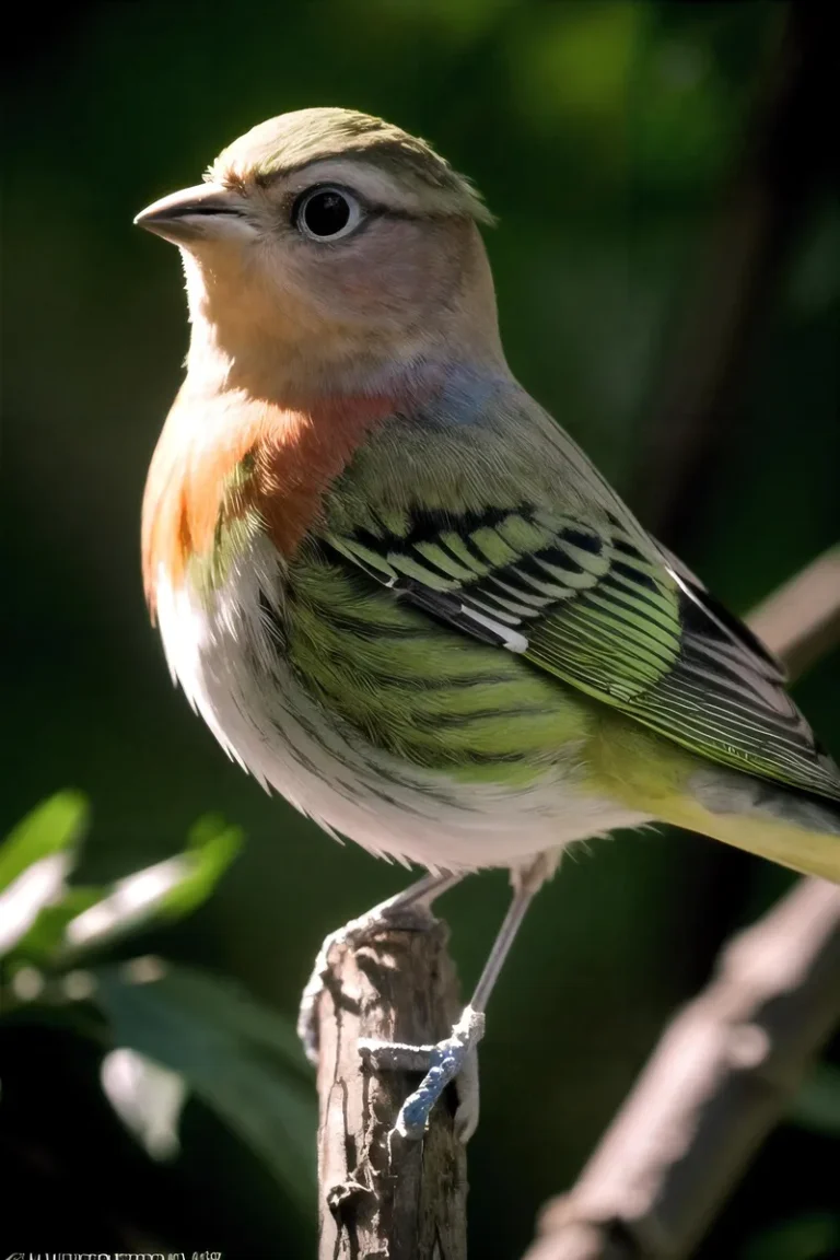 A vibrant, AI-generated bird image created using Stable Diffusion, featuring a bird perched on a branch with striking multicolored plumage set against a green, blurred background.